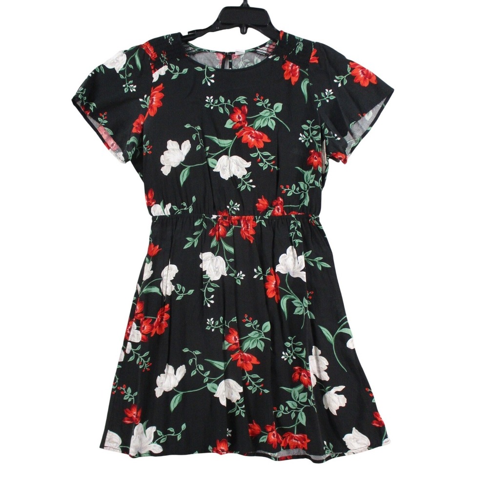 Old Navy Floral Mini Dress Black Red White Rayon Short Sleeve Smocked Waist Med
